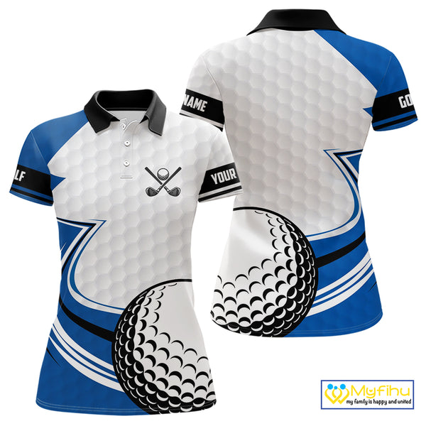 Blue & white golf ball short sleeve, long sleeve golf polo shirts custom name golf gifts for Women NQS10214
