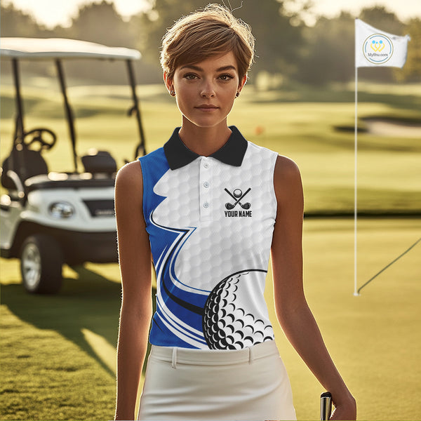 Blue & white golf ball sleeveless golf polo shirts custom name golf gifts for Women NQS10214