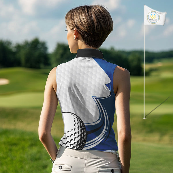 Blue & white golf ball sleeveless golf polo shirts custom name golf gifts for Women NQS10214