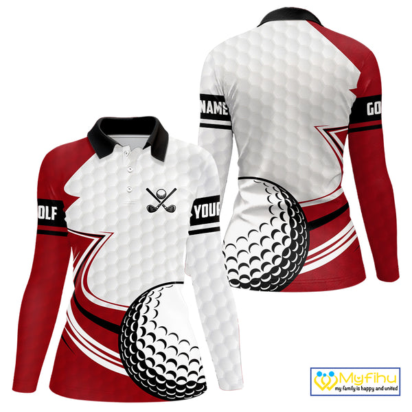 Red & white golf ball short sleeve, long sleeve golf polo shirts custom name golf gifts for Women NQS10215