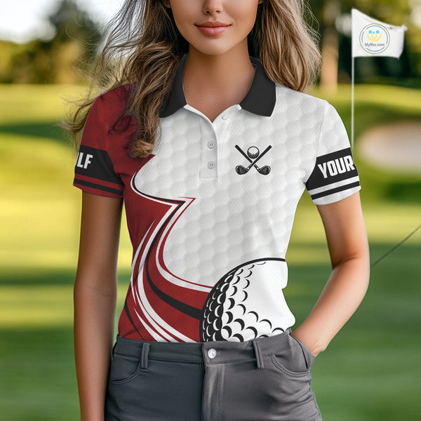 Red & white golf ball short sleeve, long sleeve golf polo shirts custom name golf gifts for Women NQS10215