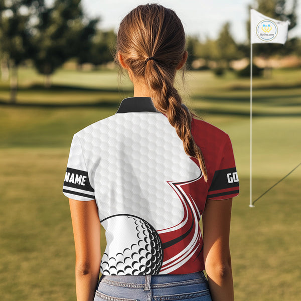 Red & white golf ball short sleeve, long sleeve golf polo shirts custom name golf gifts for Women NQS10215