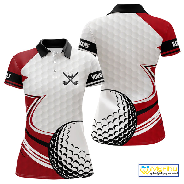 Red & white golf ball short sleeve, long sleeve golf polo shirts custom name golf gifts for Women NQS10215