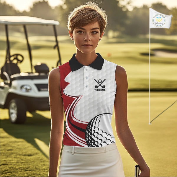 Red & white golf ball sleeveless golf polo shirts custom name golf gifts for Women NQS10215