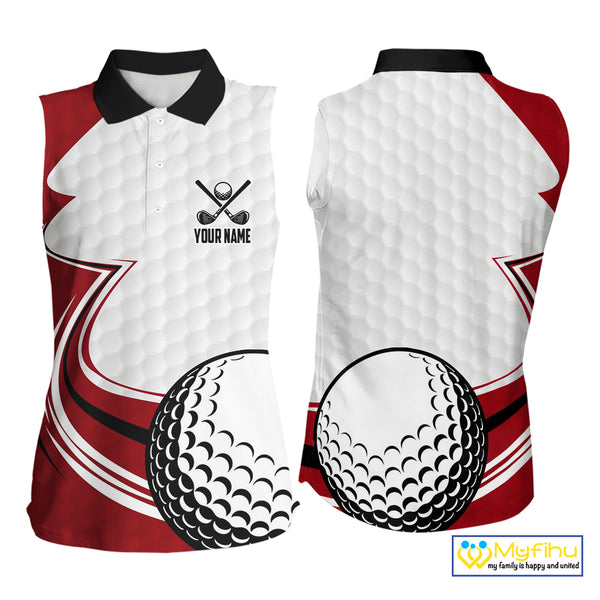 Red & white golf ball sleeveless golf polo shirts custom name golf gifts for Women NQS10215