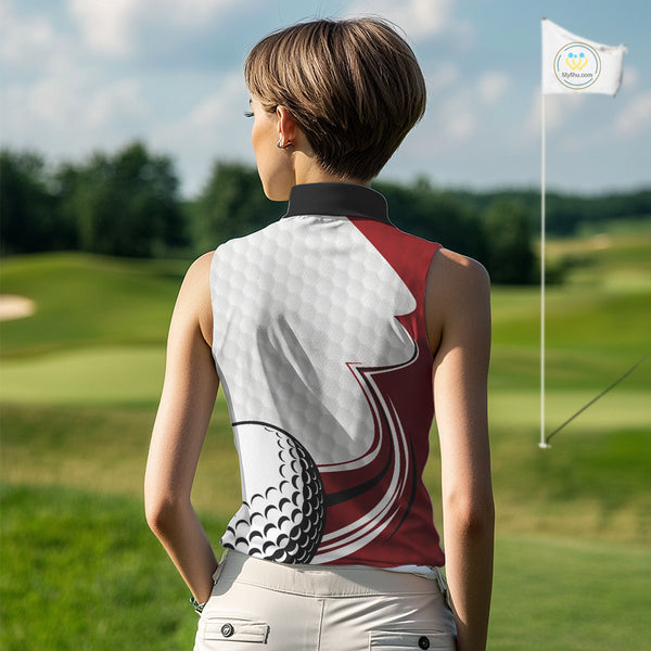 Red & white golf ball sleeveless golf polo shirts custom name golf gifts for Women NQS10215