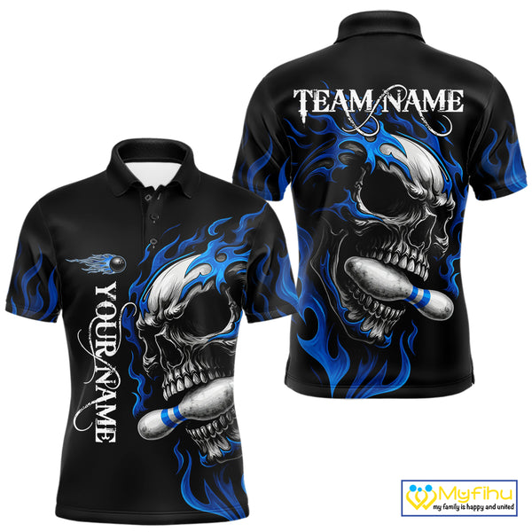 Custom Black and Blue Flame Skull Bowling Shirts For Men, Personalized Skull Team Bowling Jersey NQS10574