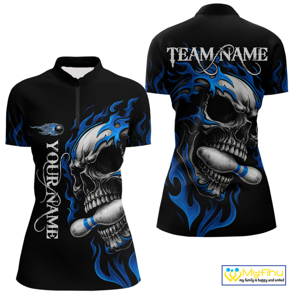 Custom Black and Blue Flame Skull Bowling Shirts For Women, Personalized Skull Team Bowling Jersey NQS10574