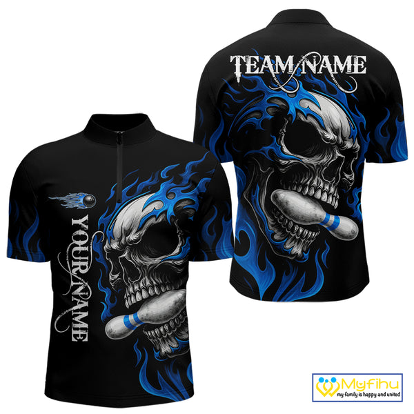 Custom Black and Blue Flame Skull Bowling Shirts For Men, Personalized Skull Team Bowling Jersey NQS10574