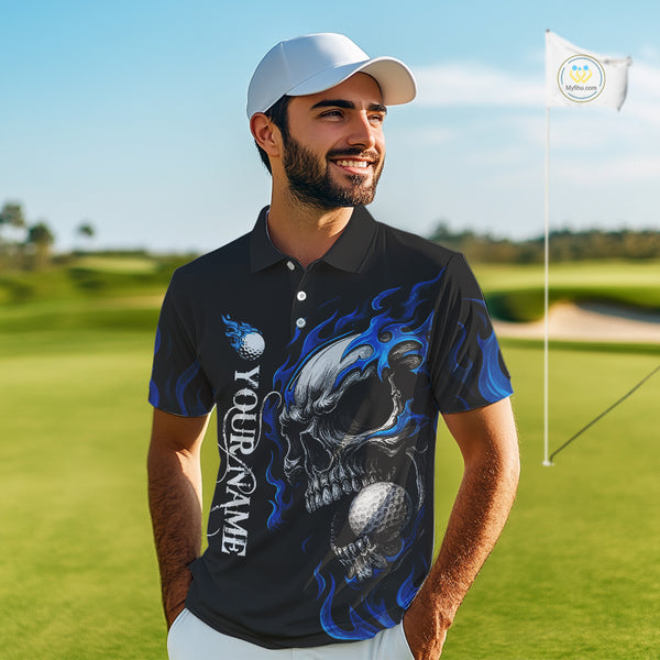 Custom Black and Blue Flame Skull Mens golf polo shirts, Personalized Skull Team Mens Golf Outfit NQS10576