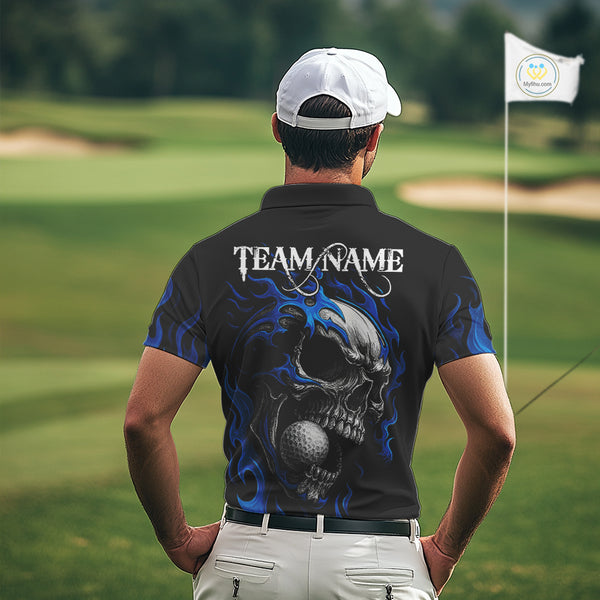 Custom Black and Blue Flame Skull Mens golf polo shirts, Personalized Skull Team Mens Golf Outfit NQS10576