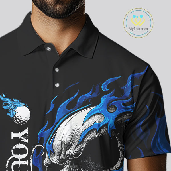 Custom Black and Blue Flame Skull Mens golf polo shirts, Personalized Skull Team Mens Golf Outfit NQS10576