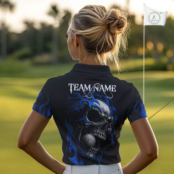 Custom Black and Blue Flame Skull Womens golf polo shirts, Personalized Skull Team Ladies Golf Outfit NQS10576