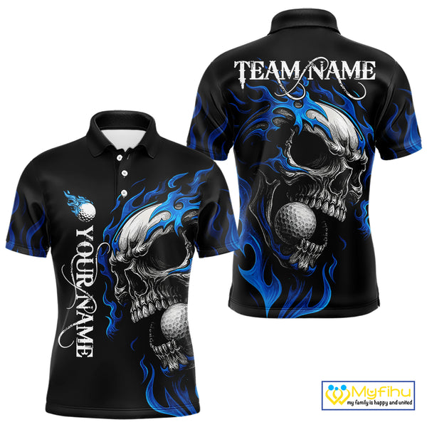 Custom Black and Blue Flame Skull Mens golf polo shirts, Personalized Skull Team Mens Golf Outfit NQS10576