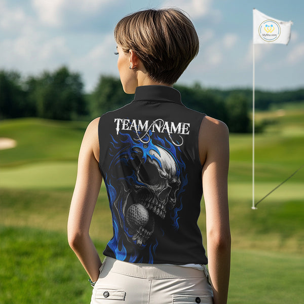 Custom Black and Blue Flame Skull Women's Sleeveless Polo Shirt, Skull Team Ladies Golf Outfit NQS10576