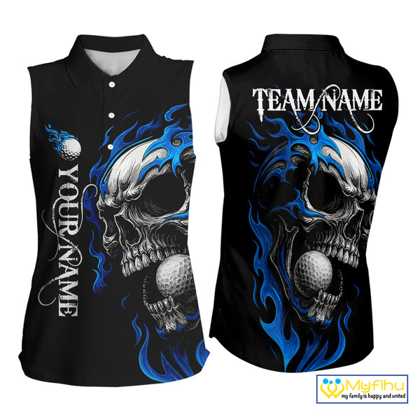 Custom Black and Blue Flame Skull Women's Sleeveless Polo Shirt, Skull Team Ladies Golf Outfit NQS10576