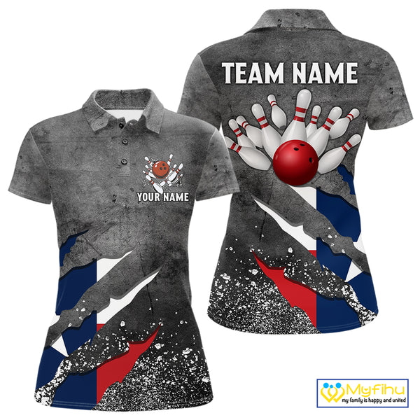 Gray Grunge Texas Flag Bowling Polo, Quarter Zip shirt for Women Custom patriotic Team bowling jersey NQS10579