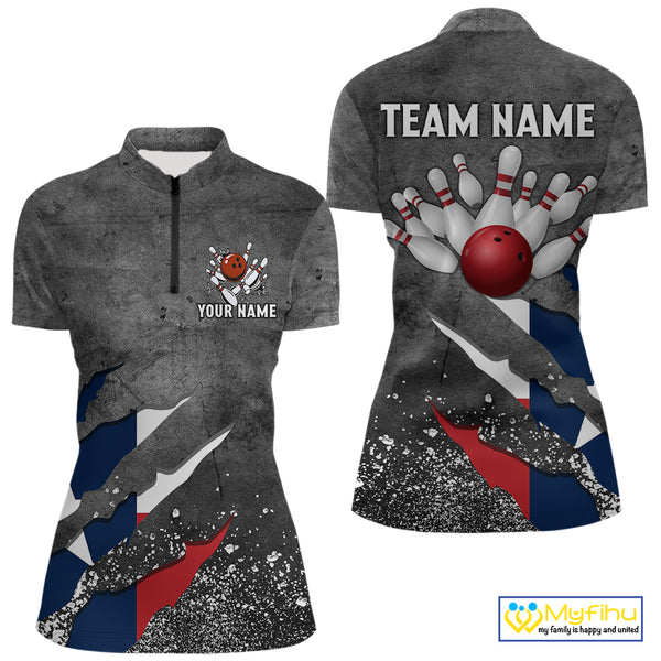 Gray Grunge Texas Flag Bowling Polo, Quarter Zip shirt for Women Custom patriotic Team bowling jersey NQS10579