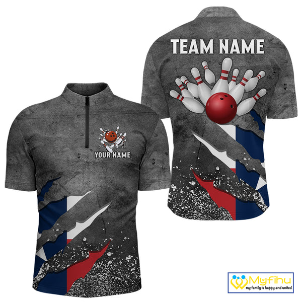 Gray Grunge Texas Flag Bowling Polo, Quarter Zip shirt for men Custom patriotic Team bowling jersey NQS10579