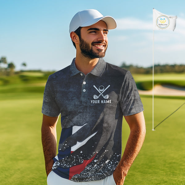 Gray Grunge Texas Flag Mens golf polo shirts Custom patriotic Golf attire for men NQS10580