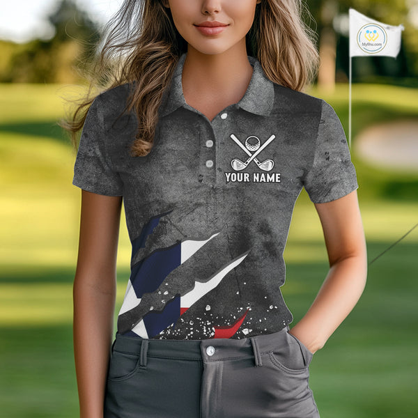 Gray Grunge Texas Flag Womens golf polo shirts Custom patriotic Golf attire for ladies NQS10580