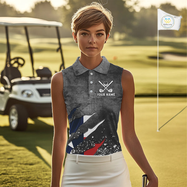 Gray Grunge Texas Flag Women's Sleeveless Polo Shirt Custom patriotic Golf attire for ladies NQS10580