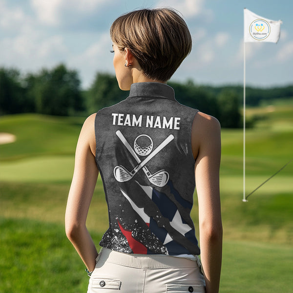 Gray Grunge Texas Flag Women's Sleeveless Polo Shirt Custom patriotic Golf attire for ladies NQS10580