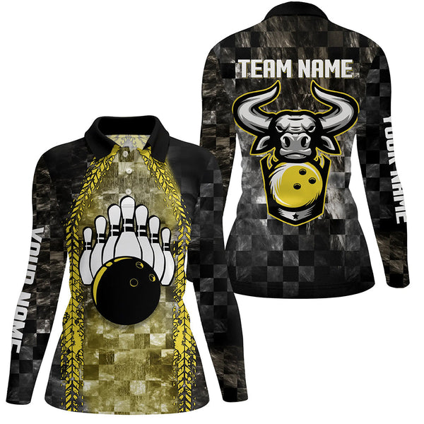 Bowling Bull Black And Yellow Women bowling polo shirts Custom bowling ball pins Team League Jersey NQS6499