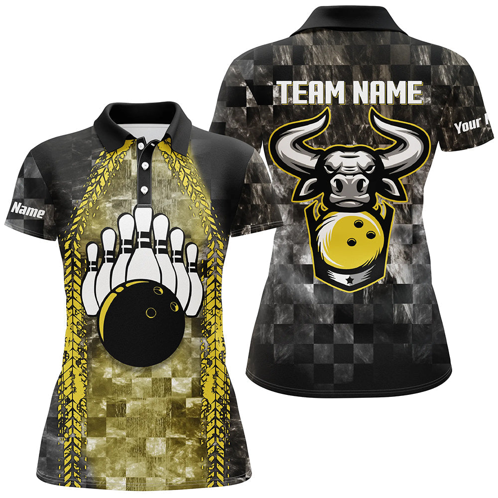 Bowling Bull Black And Yellow Women bowling polo shirts Custom bowling ball pins Team League Jersey NQS6499