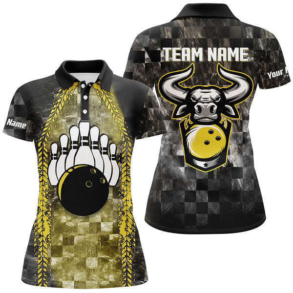 Bowling Bull Black And Yellow Women bowling polo shirts Custom bowling ball pins Team League Jersey NQS6499