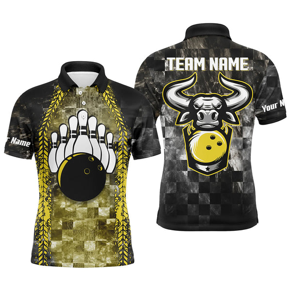 Bowling Bull Black And Yellow Mens bowling polo shirts Custom bowling ball pins Team League Jersey NQS6499