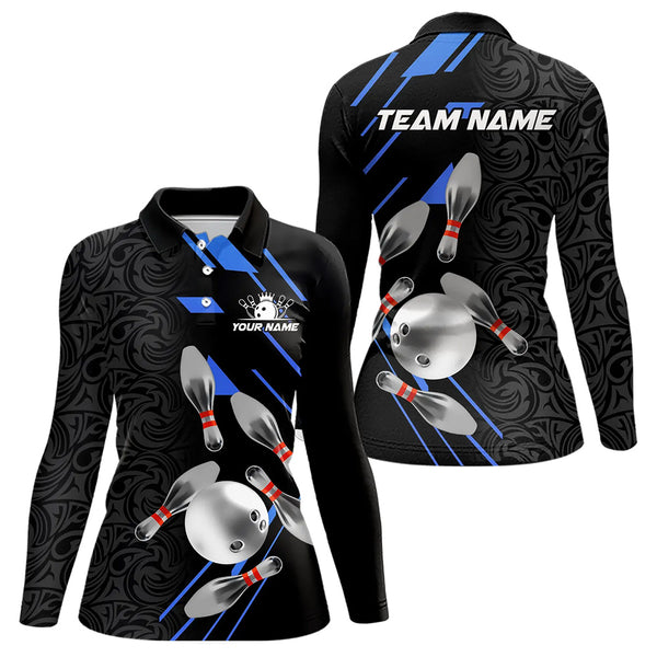 Silver Bowling Ball pins Team bowling shirts for women custom bowling Polo, Quarter zip jersey | Blue NQS9624