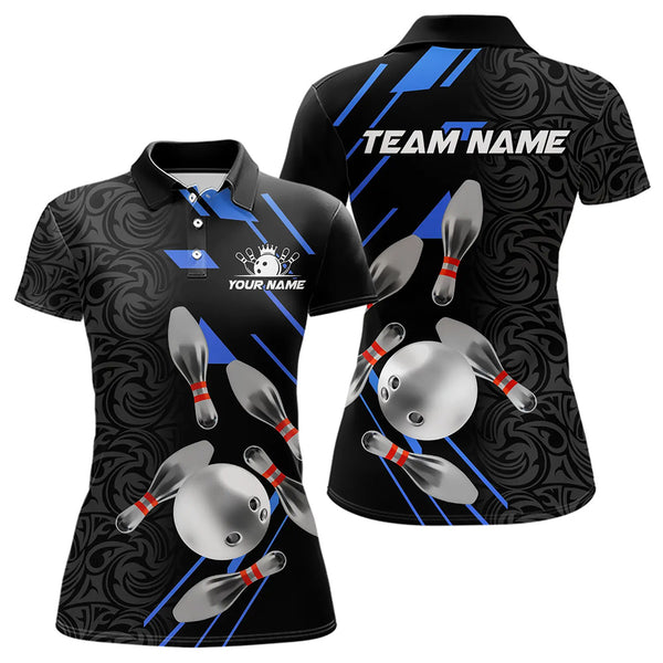 Silver Bowling Ball pins Team bowling shirts for women custom bowling Polo, Quarter zip jersey | Blue NQS9624