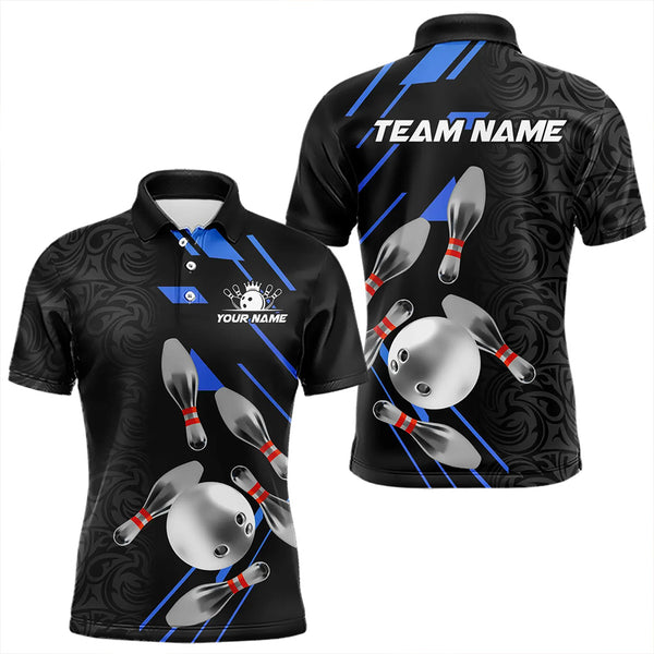 Silver Bowling Ball pins Team bowling shirts for Men custom bowling Polo, Quarter zip jersey | Blue NQS9624