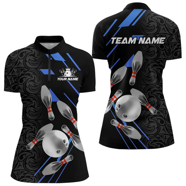 Silver Bowling Ball pins Team bowling shirts for women custom bowling Polo, Quarter zip jersey | Blue NQS9624