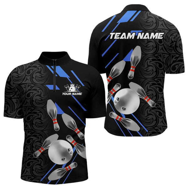 Silver Bowling Ball pins Team bowling shirts for Men custom bowling Polo, Quarter zip jersey | Blue NQS9624