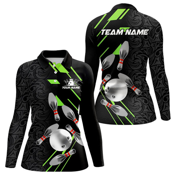 Silver Bowling Ball pins Team bowling shirts for women custom bowling Polo, Quarter zip jersey | Green NQS9628