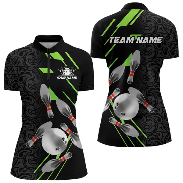 Silver Bowling Ball pins Team bowling shirts for women custom bowling Polo, Quarter zip jersey | Green NQS9628