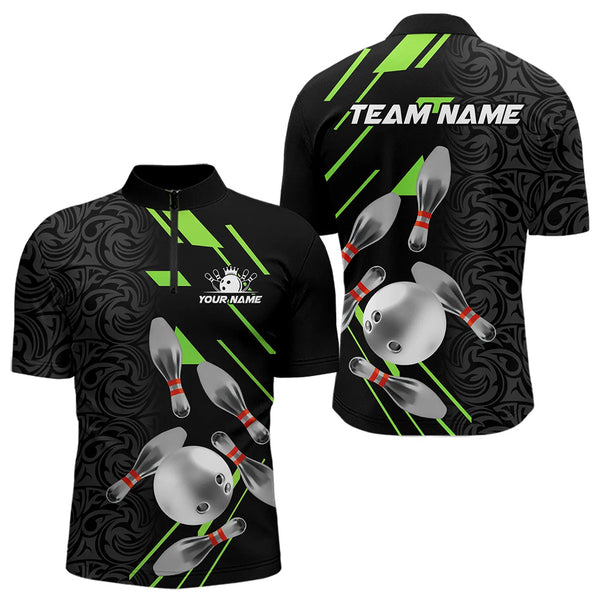 Silver Bowling Ball pins Team bowling shirts for Men custom bowling Polo, Quarter zip jersey | Green NQS9628