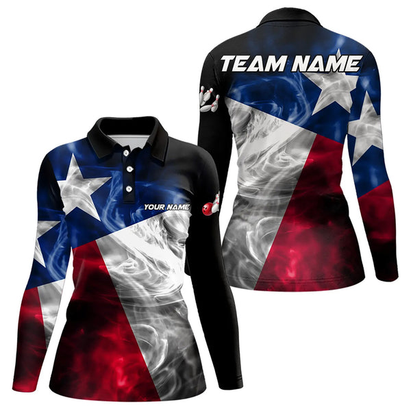 Smoke Texas Flag Black Women Bowling Polo, Quarter Zip shirt Custom patriotic Team bowling jersey NQS9631