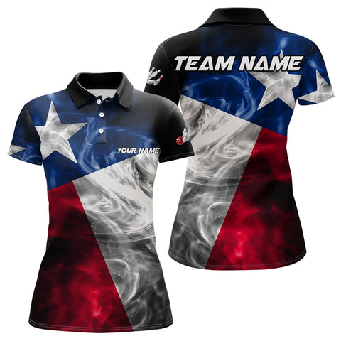 Smoke Texas Flag Black Women Bowling Polo, Quarter Zip shirt Custom patriotic Team bowling jersey NQS9631