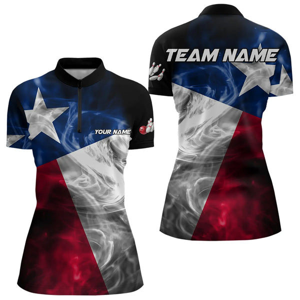 Smoke Texas Flag Black Women Bowling Polo, Quarter Zip shirt Custom patriotic Team bowling jersey NQS9631