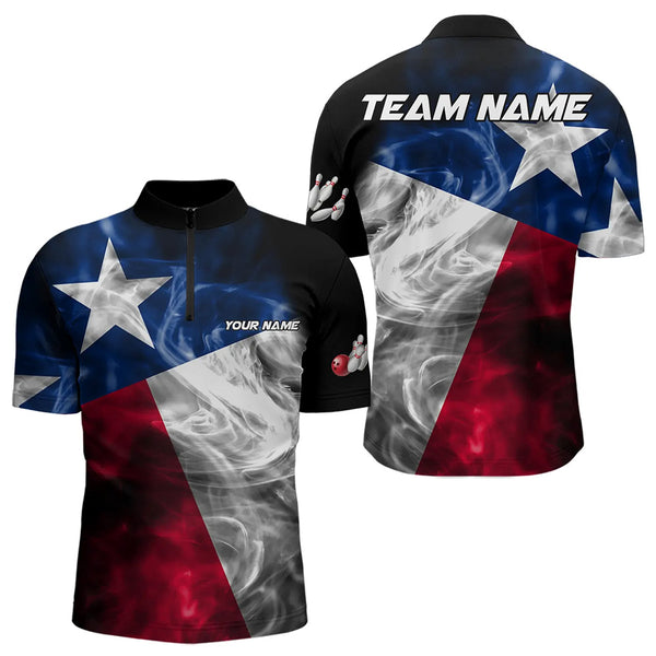 Smoke Texas Flag Black Bowling Polo, Quarter Zip shirt for men Custom patriotic Team bowling jersey NQS9631