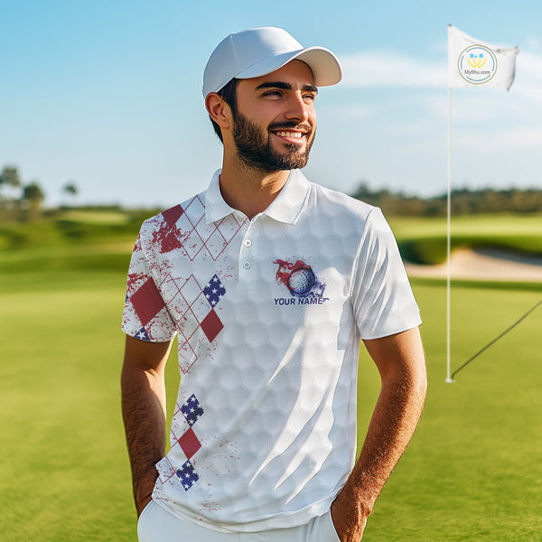 Red, White and Blue argyle American Flag Mens golf polo shirt custom patriotic golf apparel for men NQS9814