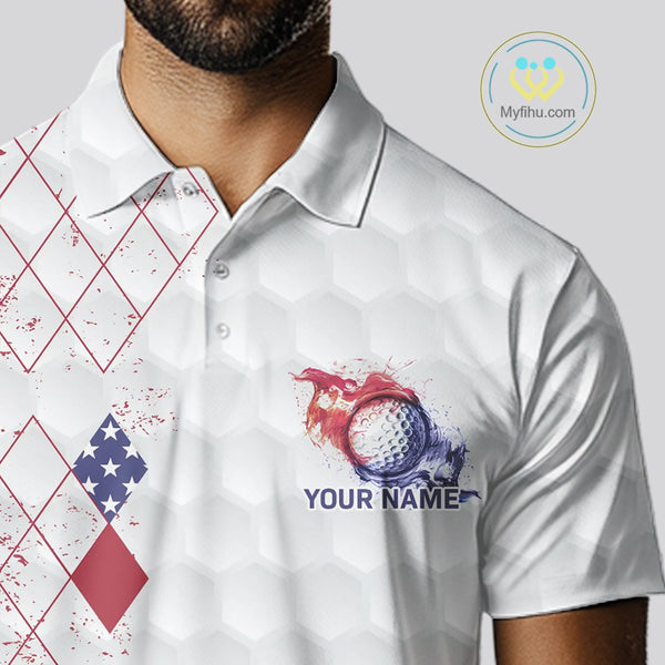 Red, White and Blue argyle American Flag Mens golf polo shirt custom patriotic golf apparel for men NQS9814