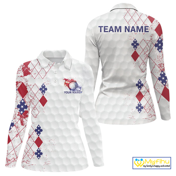 Red, White & Blue argyle American Flag Women golf polo shirt custom patriotic golf apparel for ladies NQS9814