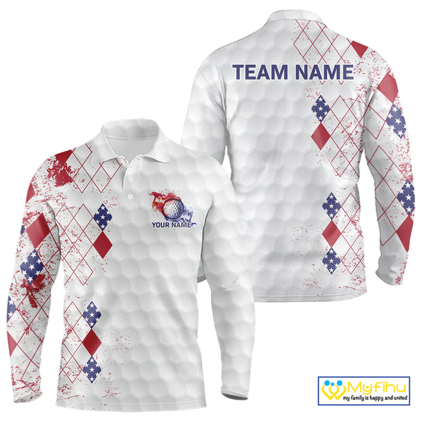 Red, White and Blue argyle American Flag Mens golf polo shirt custom patriotic golf apparel for men NQS9814