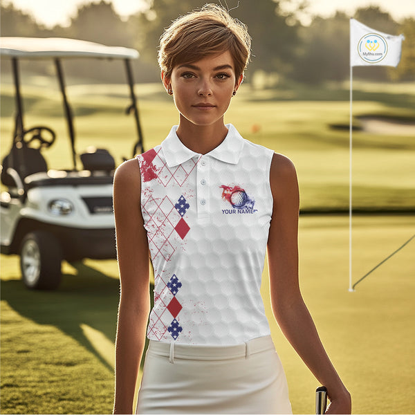 Red, White & Blue argyle American Flag Women sleeveless polo shirt custom golf apparel for ladies NQS9814