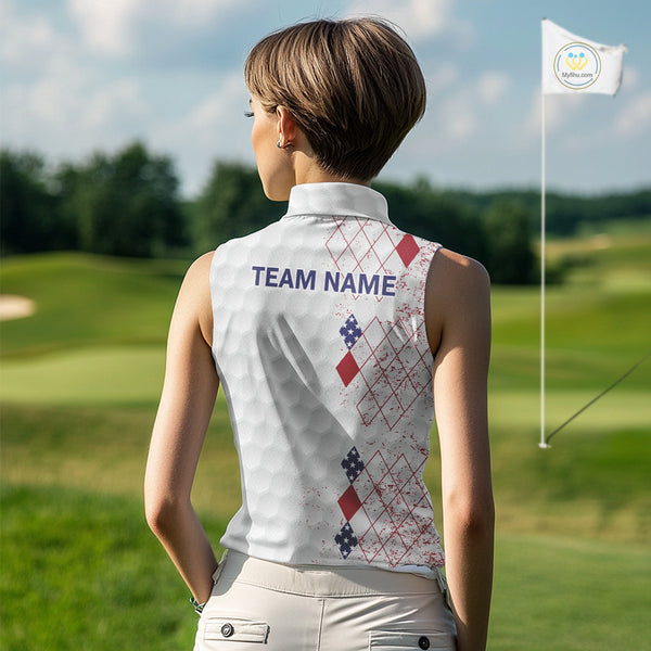 Red, White & Blue argyle American Flag Women sleeveless polo shirt custom golf apparel for ladies NQS9814