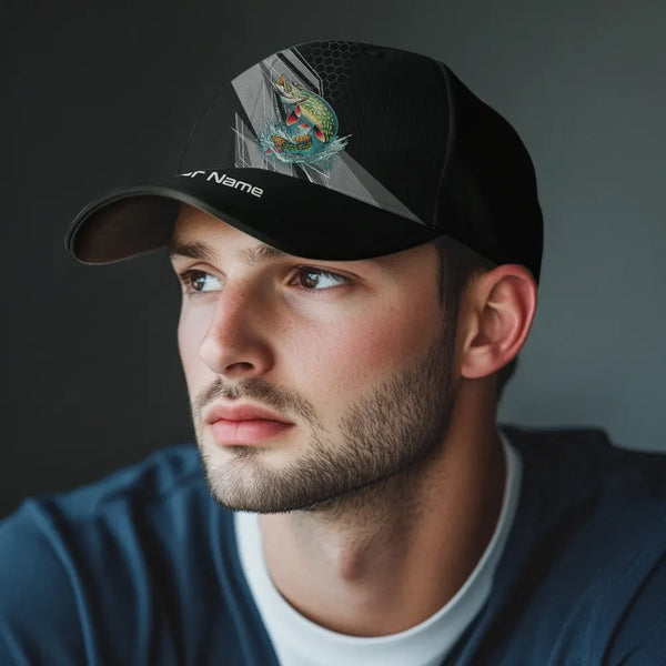 Personalized Black camo Northern Pike Fishing Hats, Pike fishing hats for men, women NQS9925